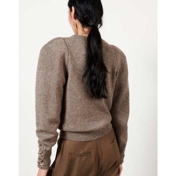 Ba&sh Keane Puff Shoulder Sweater Lace Up Cuff Wool Cotton Taupe 3 L - Picture 2 of 12